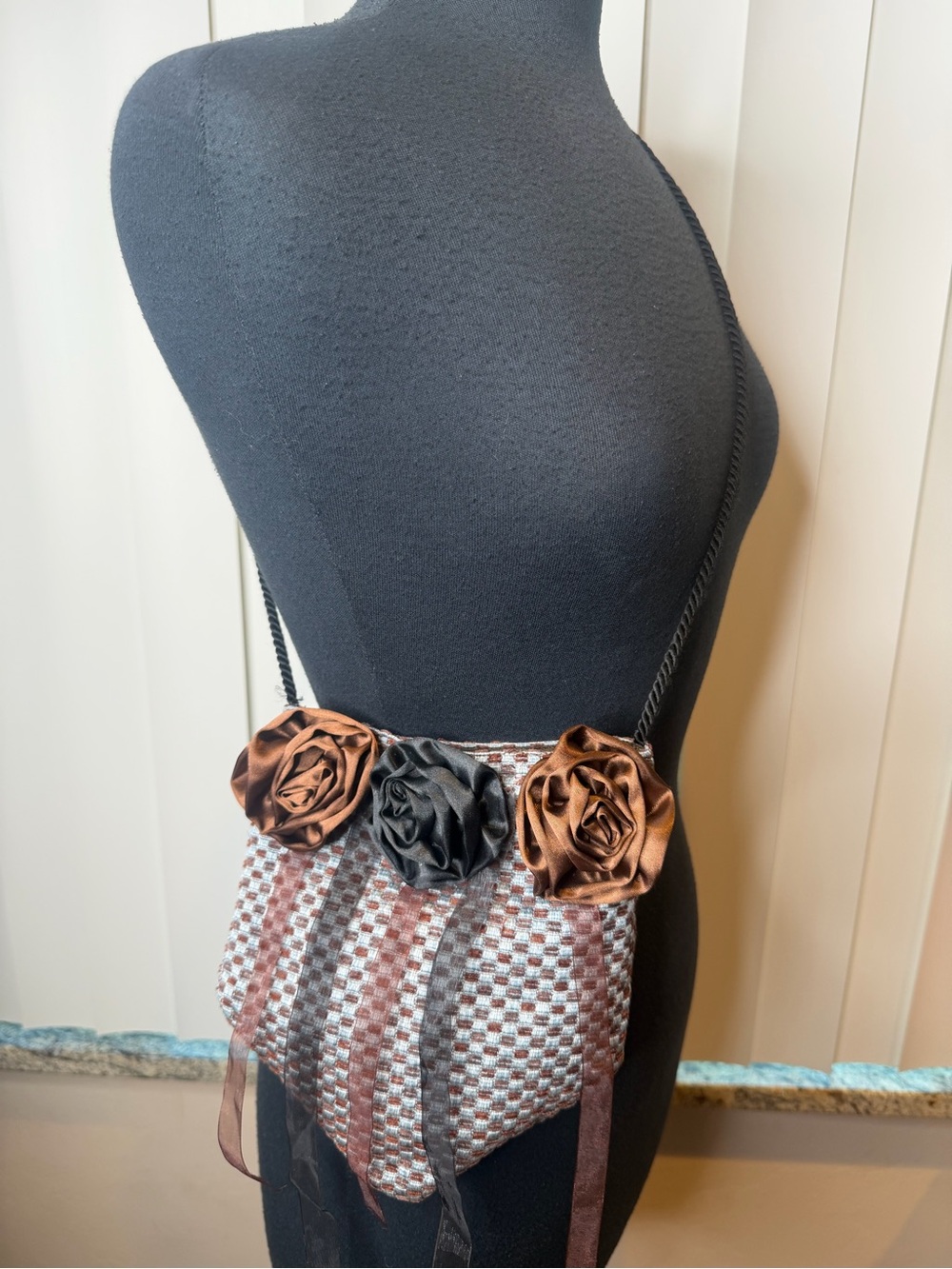Victorias Elegant Brown Checkered Crossbody Bag Floral Accents Fall Earthy